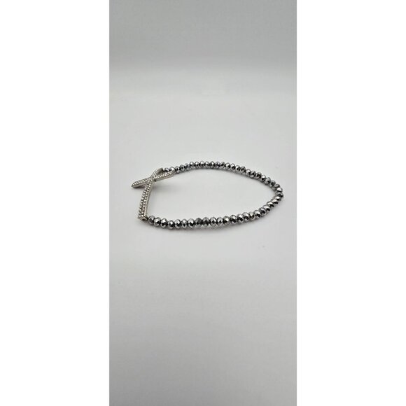 Women's Dark Silver Tone Rhinestone Cross Pendant Wrap Style Stretchy Bracelet - Picture 3 of 5